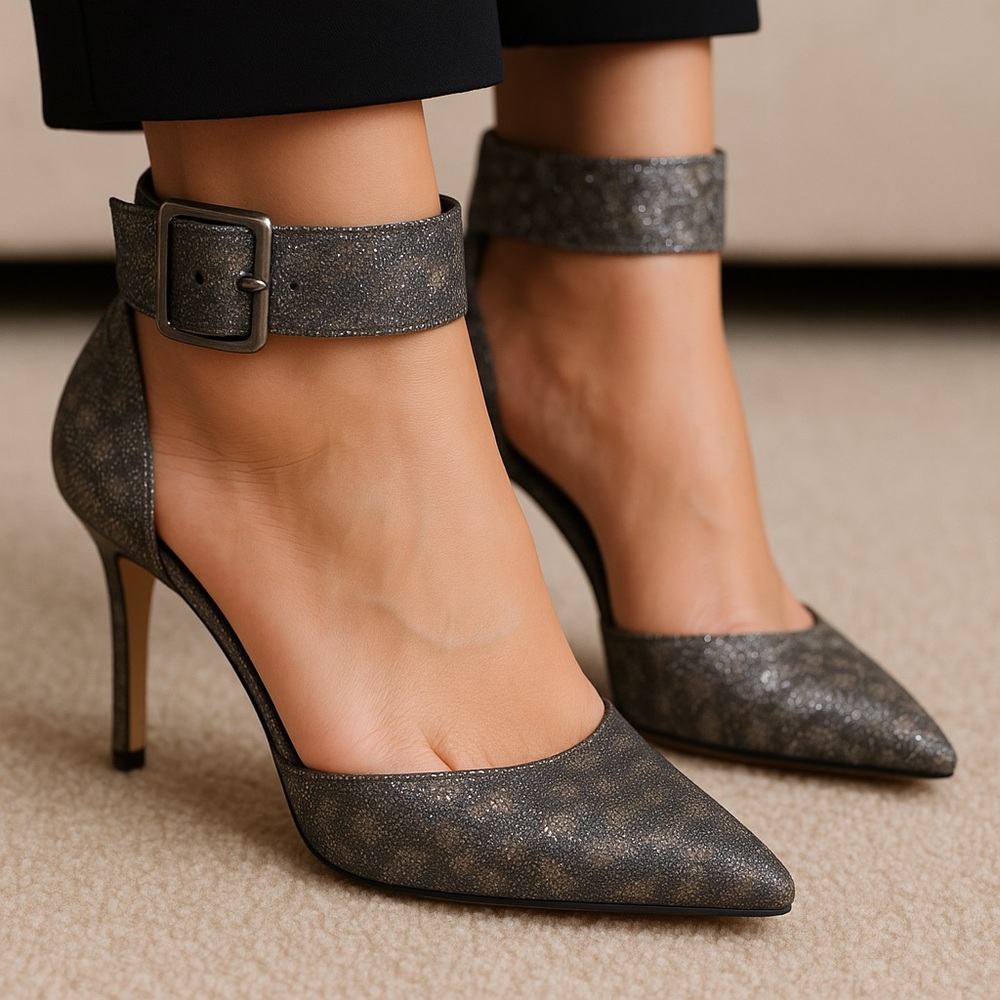 Audrey Brooke Metallic Ankle Strap Pointed Toe Heels | Size 7M